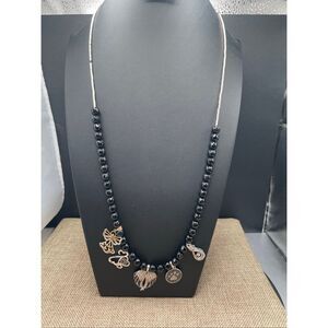 Black Faceted Bead Charm Necklace with Angel Wings, Heart, Paw Print & Butterfly